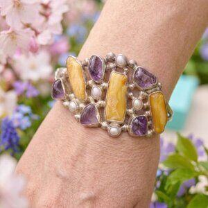 Heirloom Quality Polish Genuine Sterling Silver AmberAmethyst & Pearl Bracelet